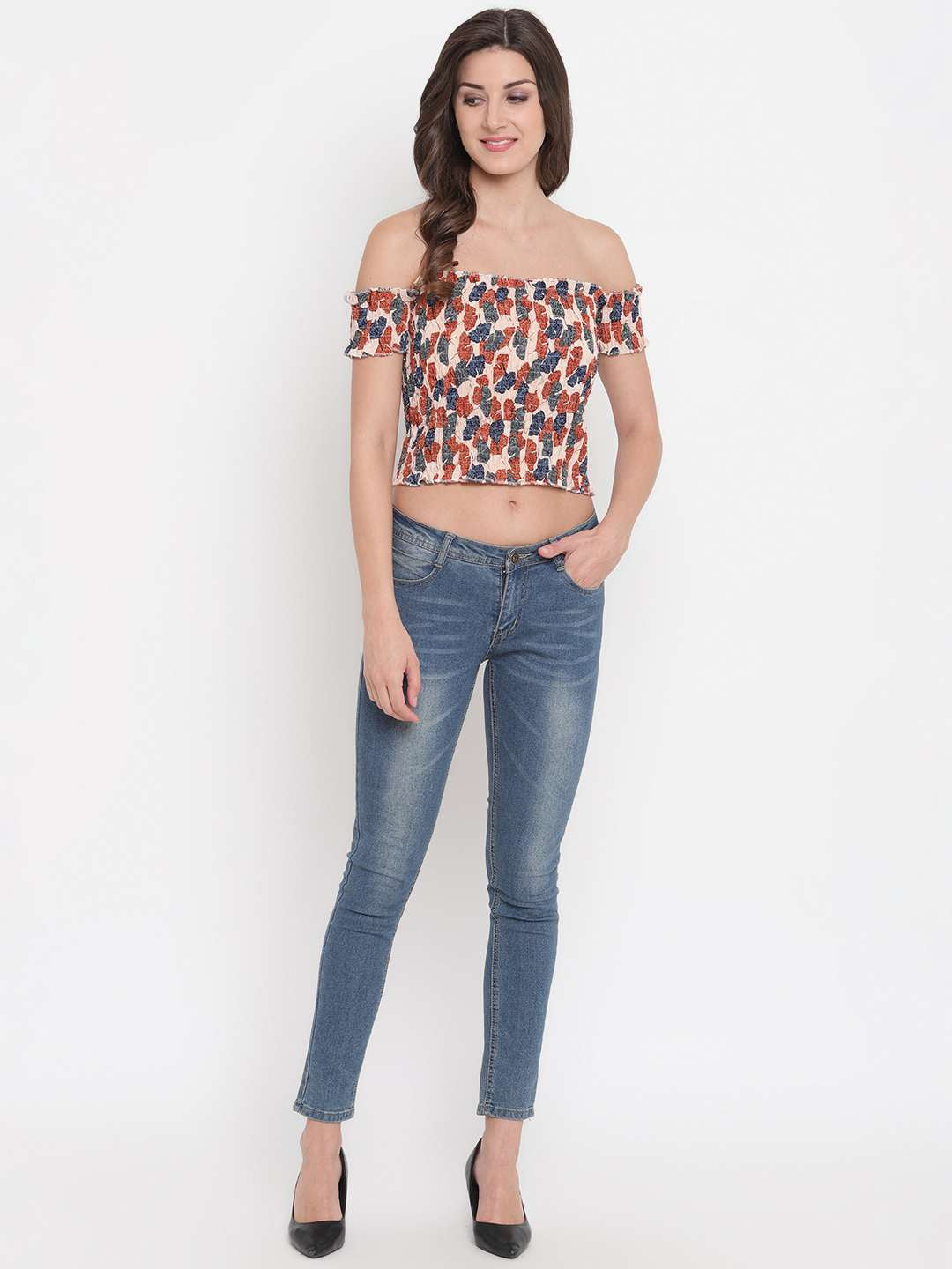 Women's Rayon Printed Off-Shoulder Smocked Crop Top Short Sleeve Casual Styles Tank Top (FREE SIZE) Multi45