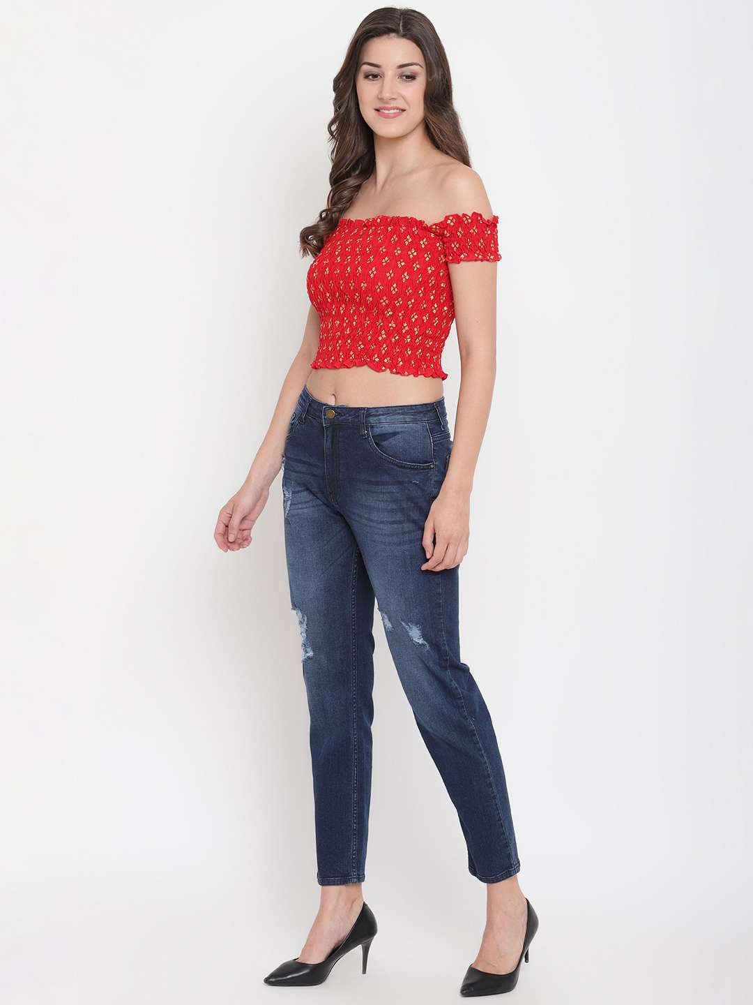 Women's Rayon Printed Off-Shoulder Smocked Crop Top Short Sleeve Casual Styles Tank Top (FREE SIZE) Multi9