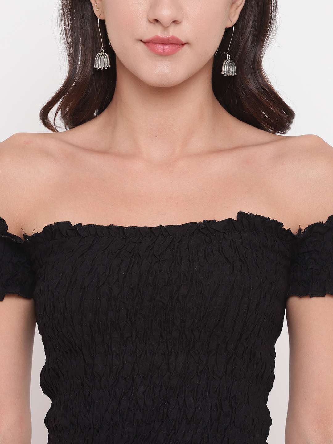 Women's Rayon Solid Off-Shoulder Smocked Crop Top Short Sleeve Casual Styles Tank Top (FREE SIZE) Multi18