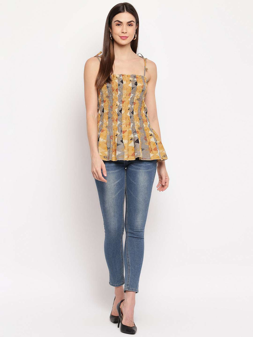 Women's Rayon Printed Casual Summer Style Tie Shoulder Straps Free Size Tank Top ( Multi21)