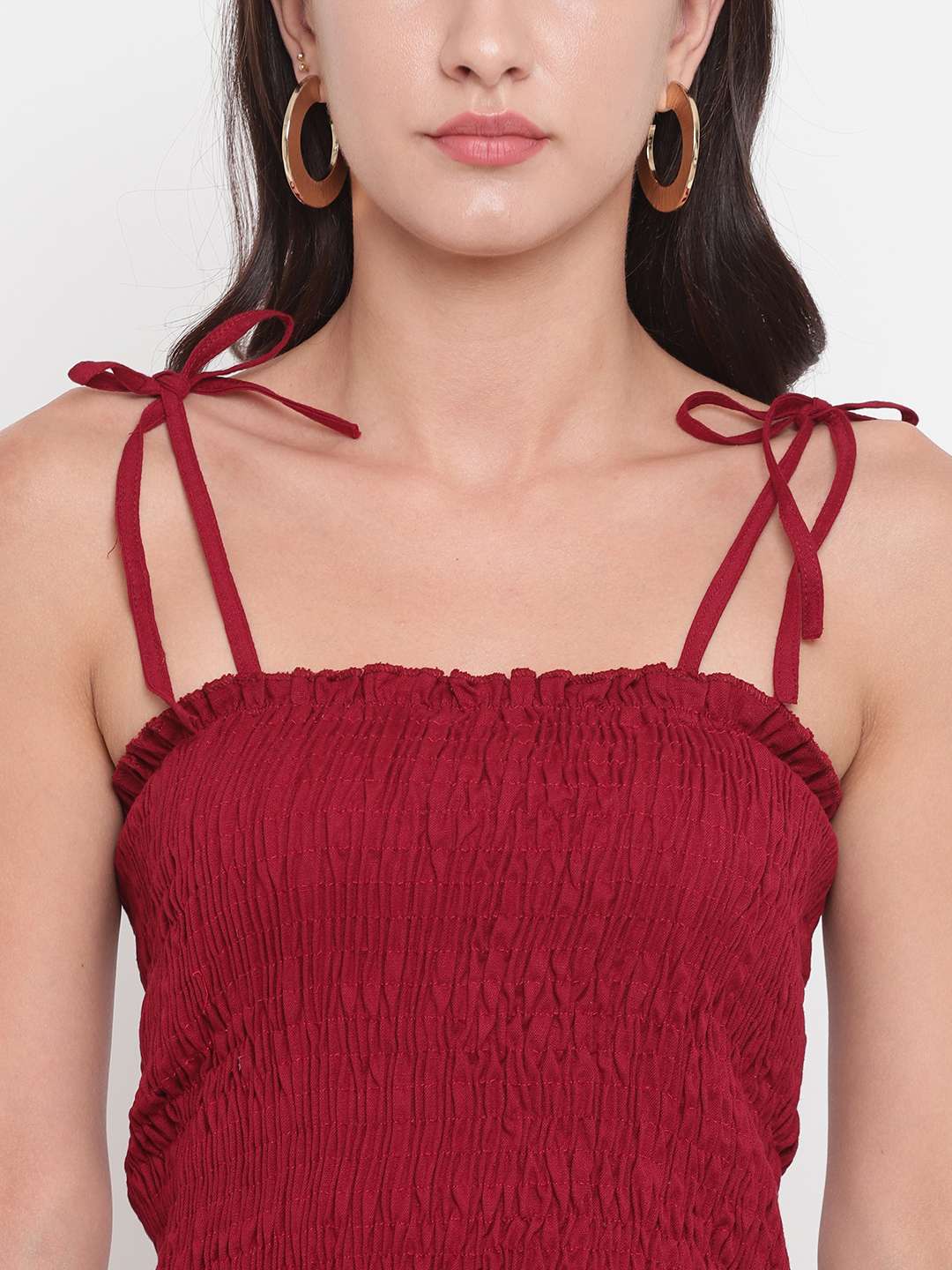 Women's Rayon Solid Casual Summer Style Tie Shoulder Straps Free Size Tank Top (Maroon)