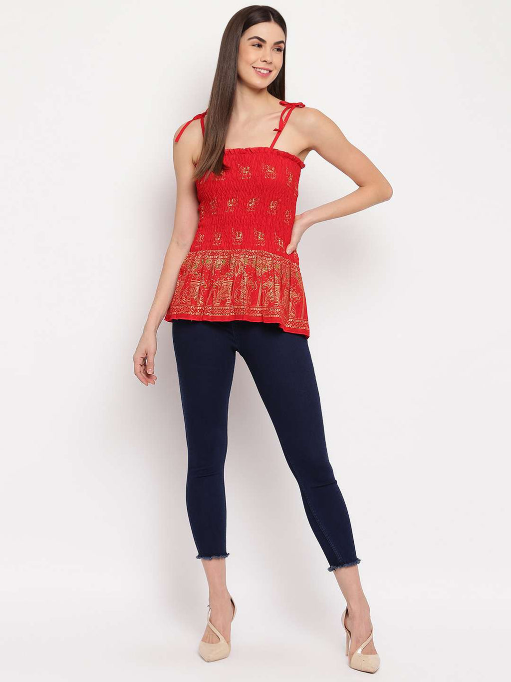 Women's Rayon Elephant Print Casual Summer Style Tie Shoulder Straps Free Size Tank Top ( Red Gold Pattern)