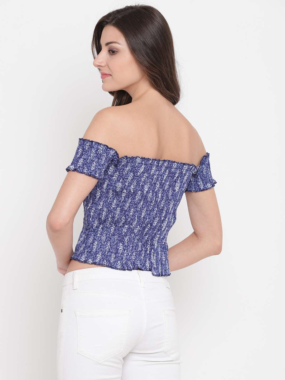 Women's Rayon Printed Off-Shoulder Smocked Crop Top Short Sleeve Casual Styles Tank Top (FREE SIZE) Multi44