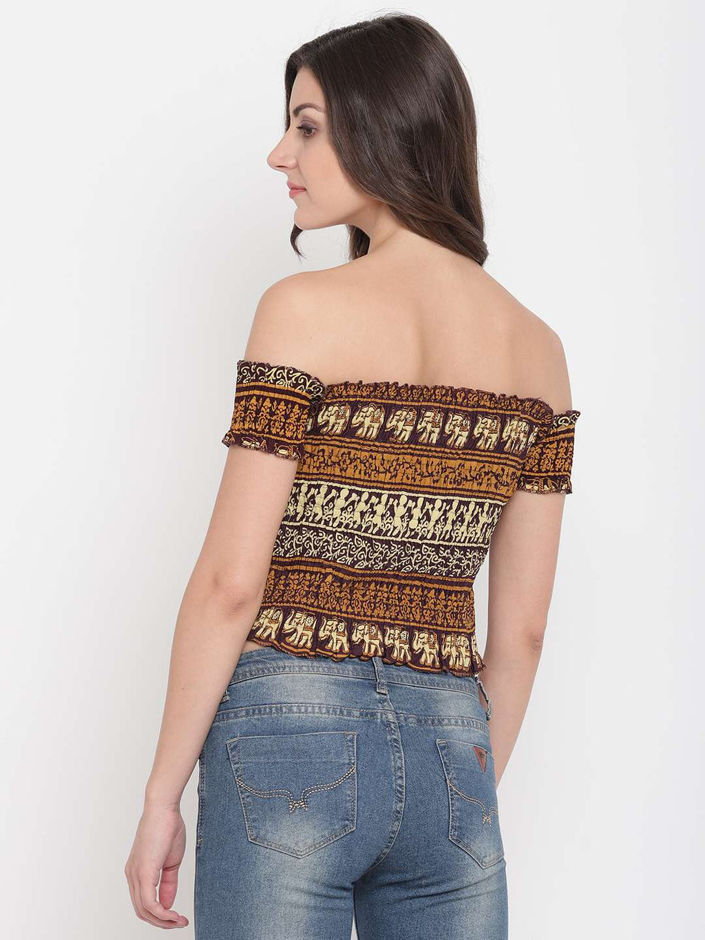 Women's Rayon Printed Off-Shoulder Smocked Crop Top Short Sleeve Casual Styles Tank Top (FREE SIZE) Multi5