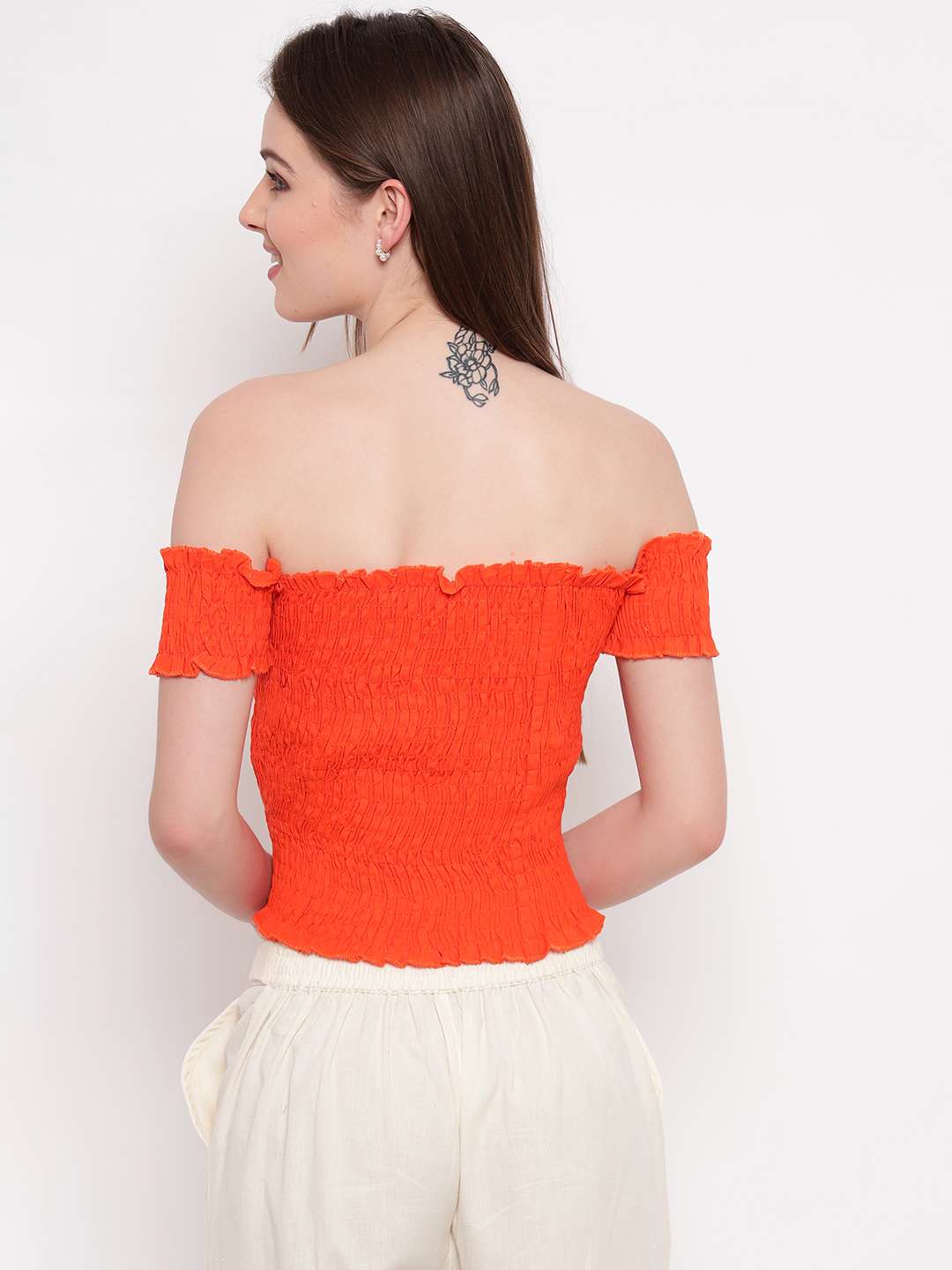 Women's Rayon Solid Off-Shoulder Smocked Crop Top Short Sleeve Casual Styles Tank Top (FREE SIZE) Multi25