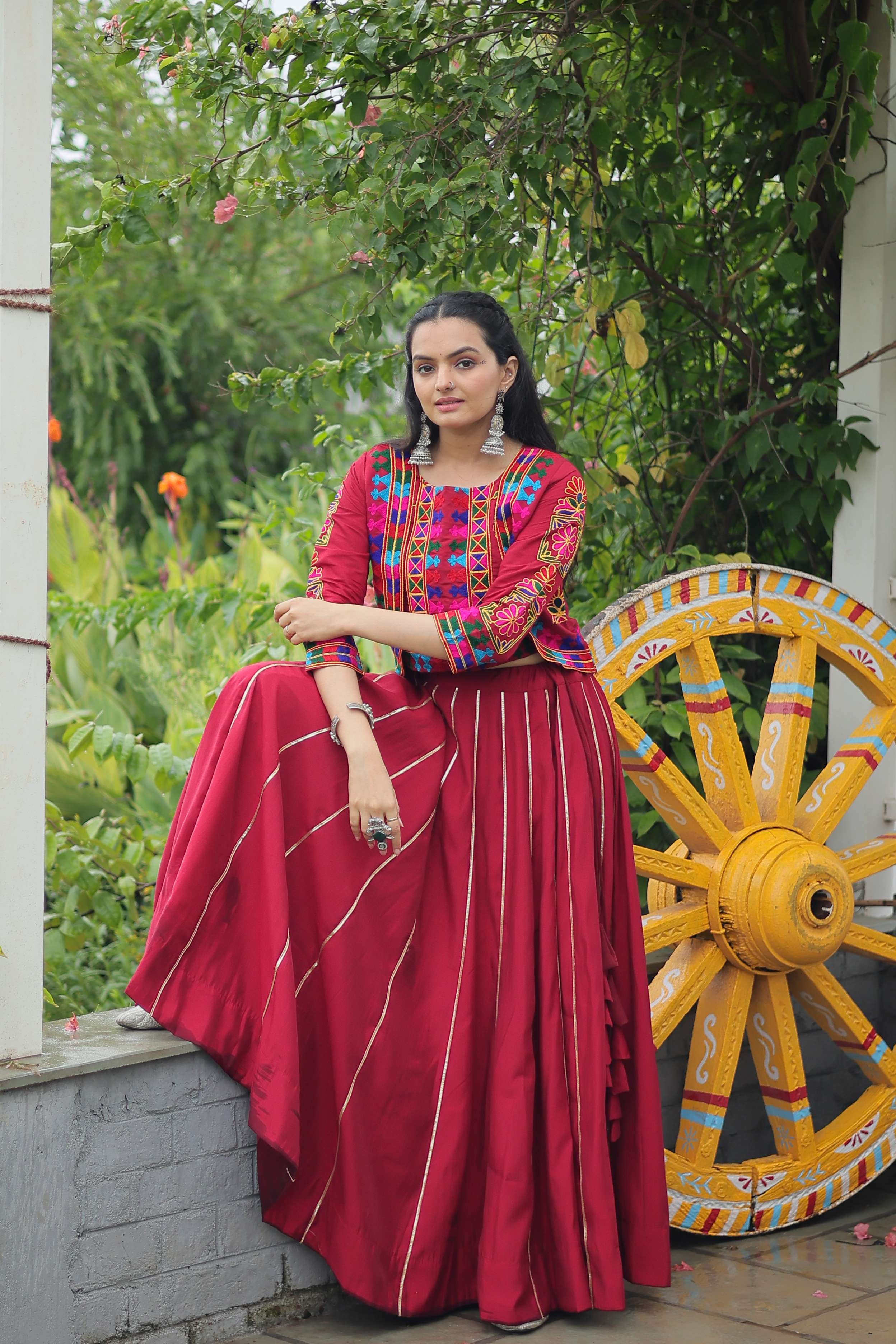 Vibrant Roman Fabric Navratri Lehenga Choli Set with Koti Blouse