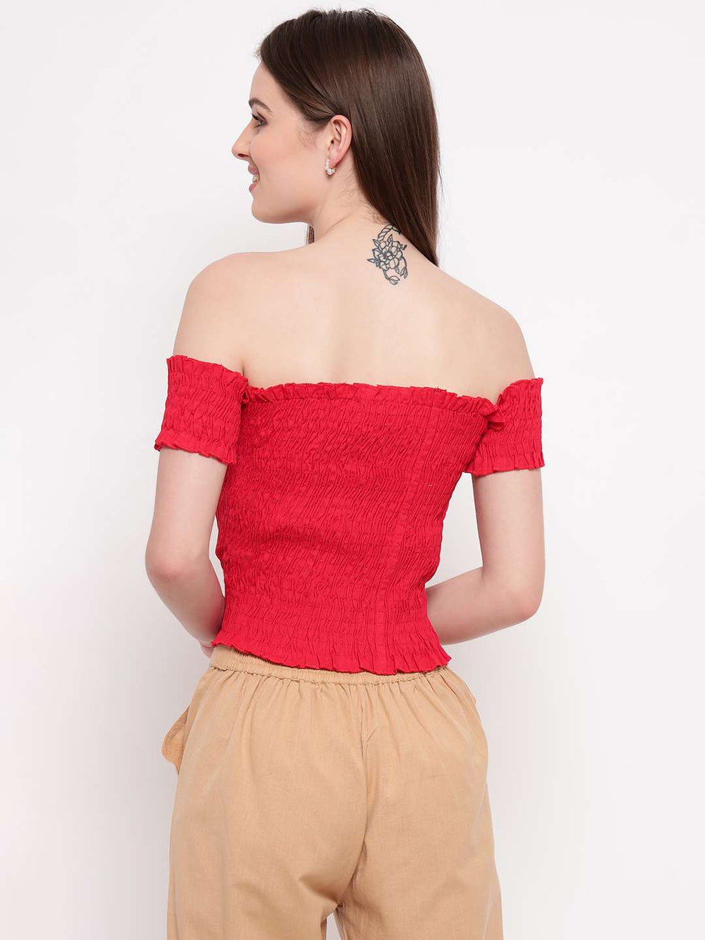 Women's Rayon Solid Off-Shoulder Smocked Crop Top Short Sleeve Casual Styles Tank Top (FREE SIZE) Multi28