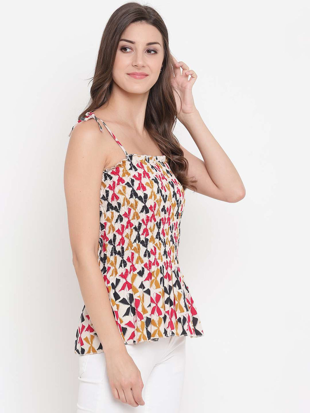 Women's Rayon Printed Casual Summer Style Tie Shoulder Straps Free Size Tank Top ( Multi12)