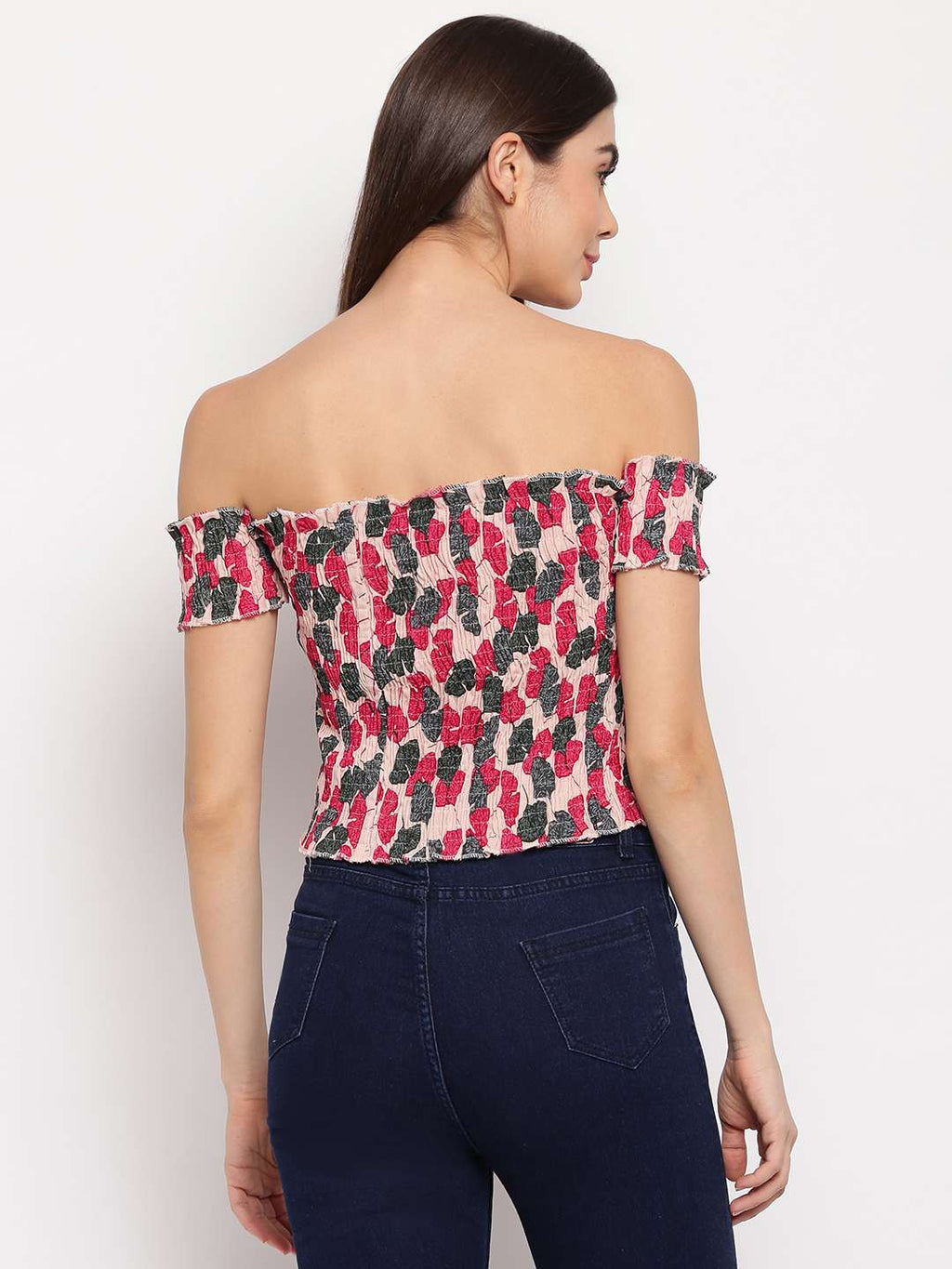 Women's Rayon Printed Off-Shoulder Smocked Crop Top Short Sleeve Casual Styles Tank Top (FREE SIZE) Multi35