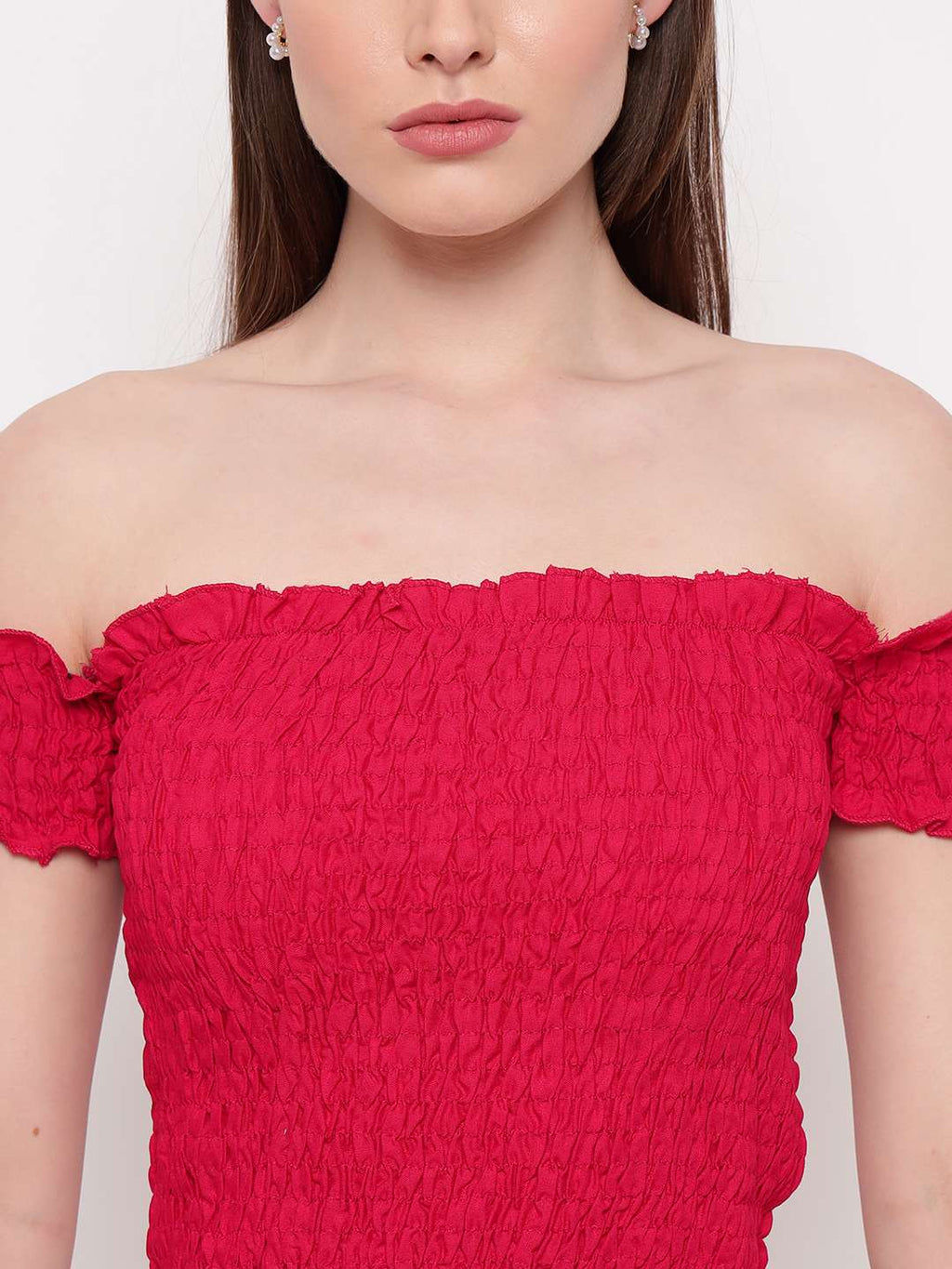 Women's Rayon Solid Off-Shoulder Smocked Crop Top Short Sleeve Casual Styles Tank Top (FREE SIZE) Multi26