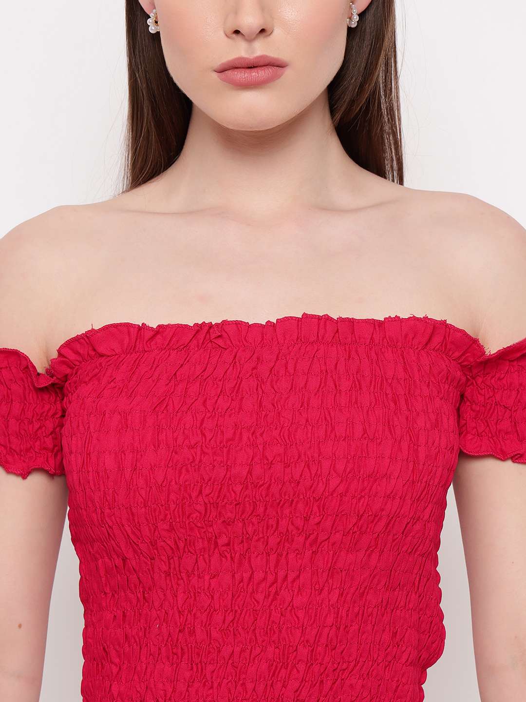 Women's Rayon Solid Off-Shoulder Smocked Crop Top Short Sleeve Casual Styles Tank Top (FREE SIZE) Multi26