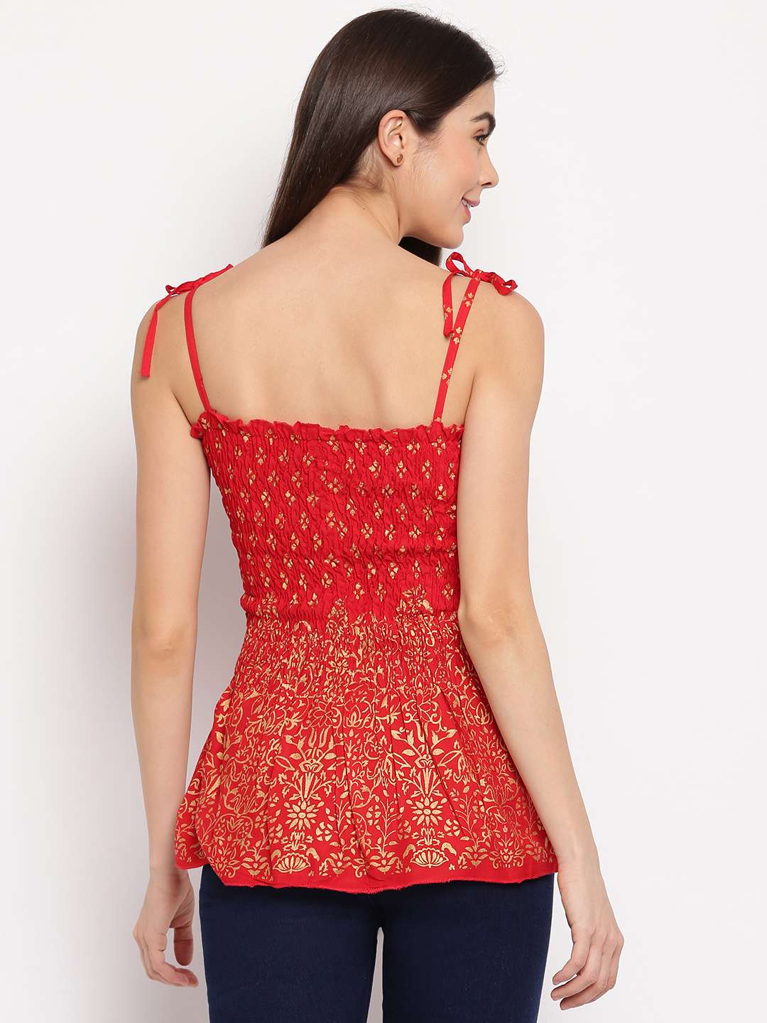 Women's Rayon Floral Printed Casual Summer Style Tie Shoulder Straps Free Size Tank Top ( Red Gold Pattern)